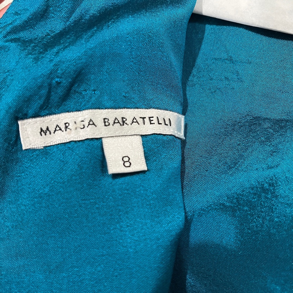 Marisa Baratelli teal silk cocktail dress.